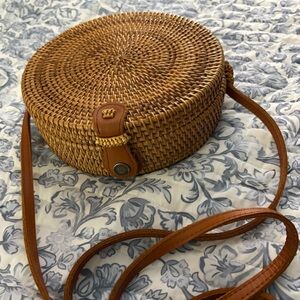 Rattan Circular Purse with Leather Strap